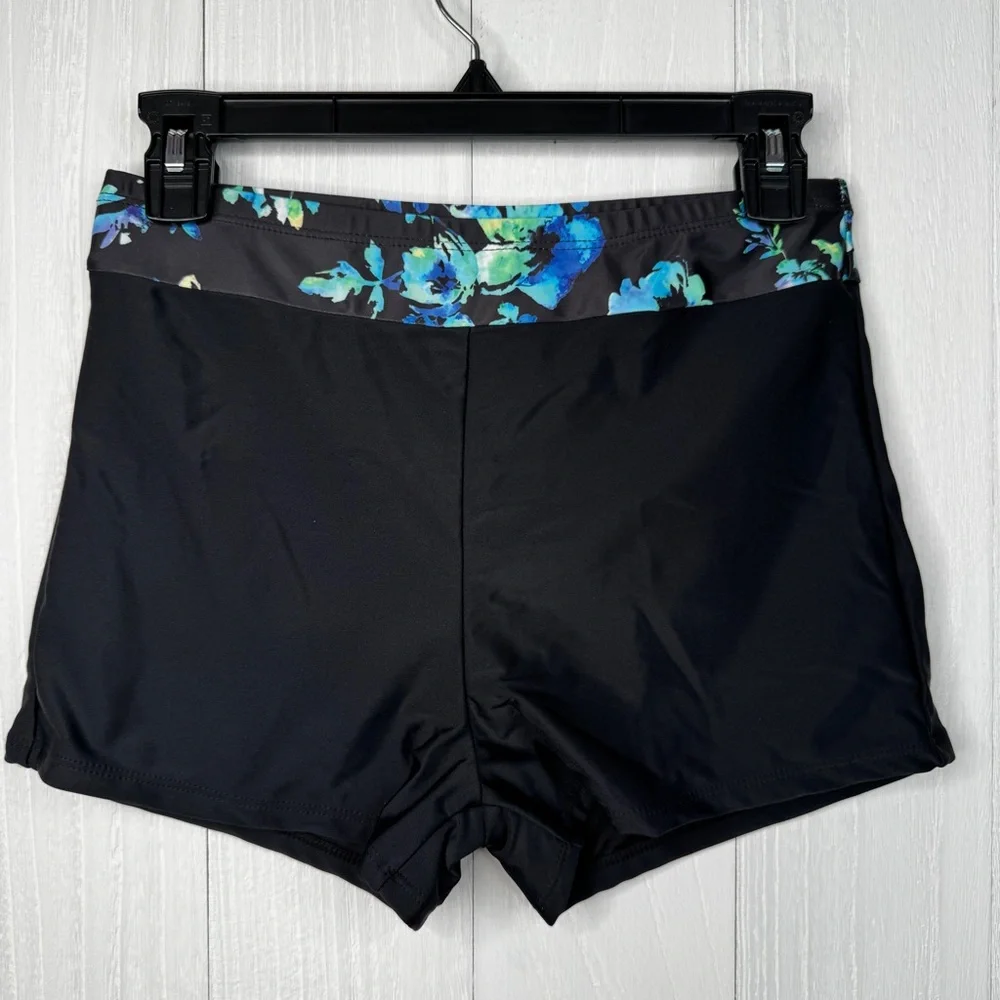 Yonique Black and Blue Floral Tankini & Shorts Set